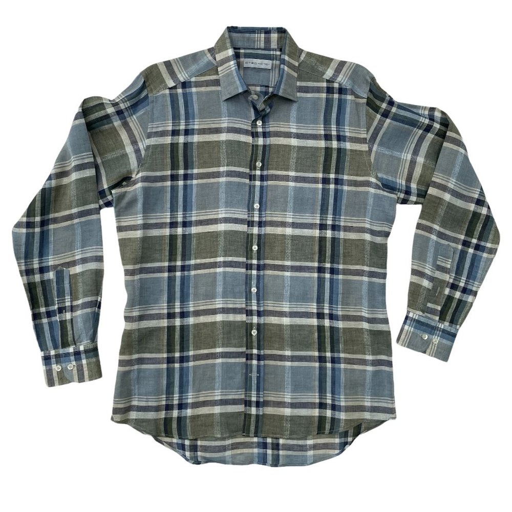 Etro Linen Plaid Button Up - Green, Blue | 40